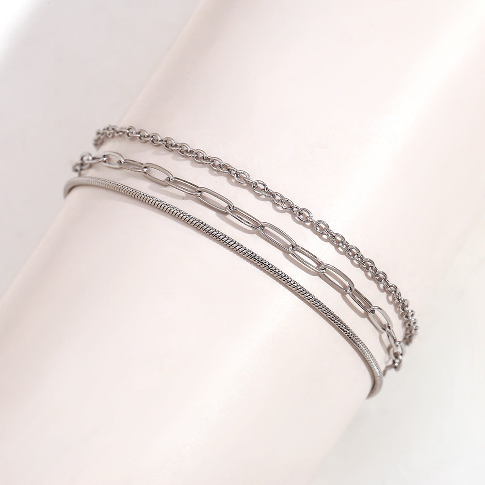 Cavigliera Minimalista Geometrica in Acciaio Inox con Placcatura Oro 18K, Gioiello Elegante a Triplo Strato per Donna