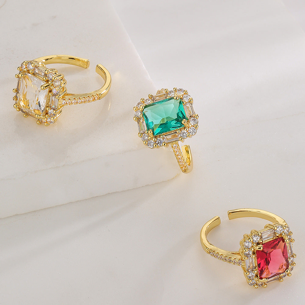 Minimalist Geometric Copper Ring with 18K Gold Plating and Zircon Inlay for Women