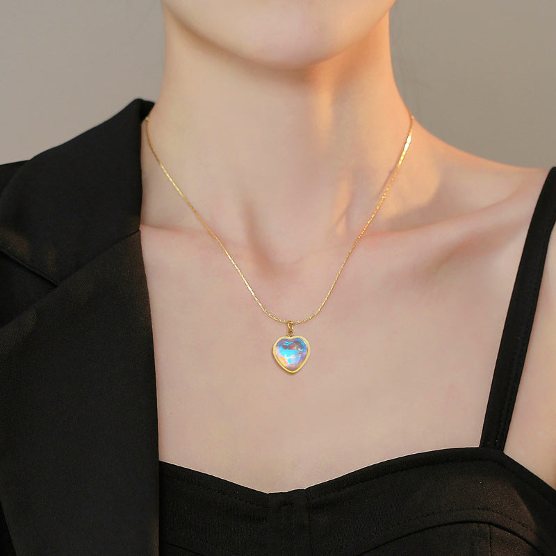 Minimalist Titanium Steel Heart Pendant Collar Chain Floral Accent Necklace
