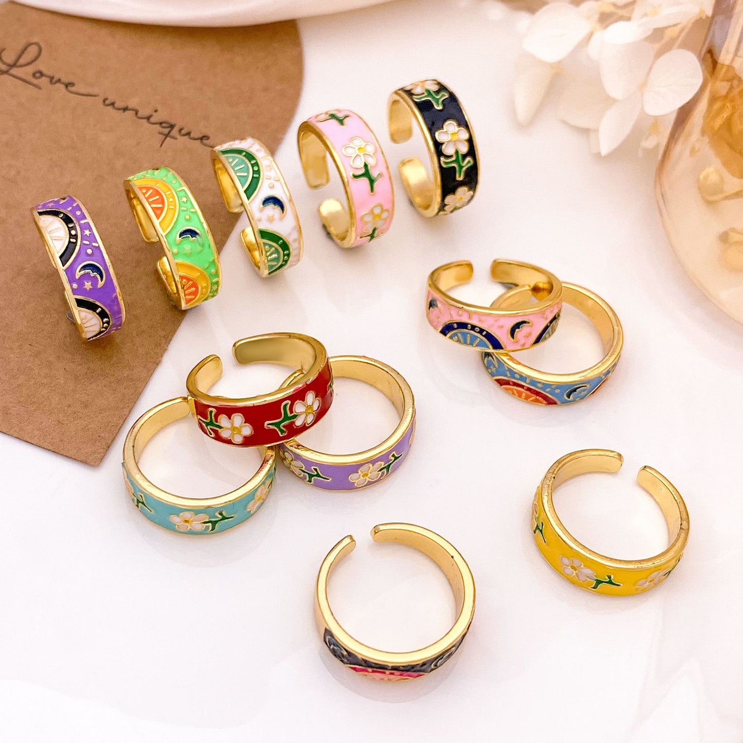 Sweet Minimalist Gold Plated Alloy Ring with Star Moon and Floral Design for Women