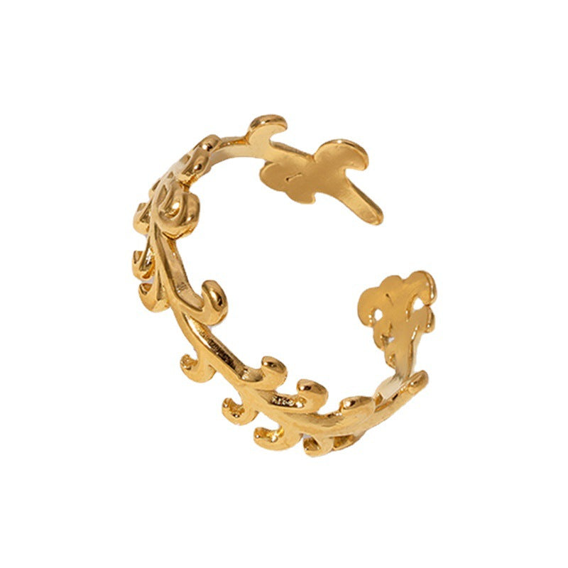 Minimalist Titanium Steel Adjustable Leaf Ring for Women with 18K Gold Plating