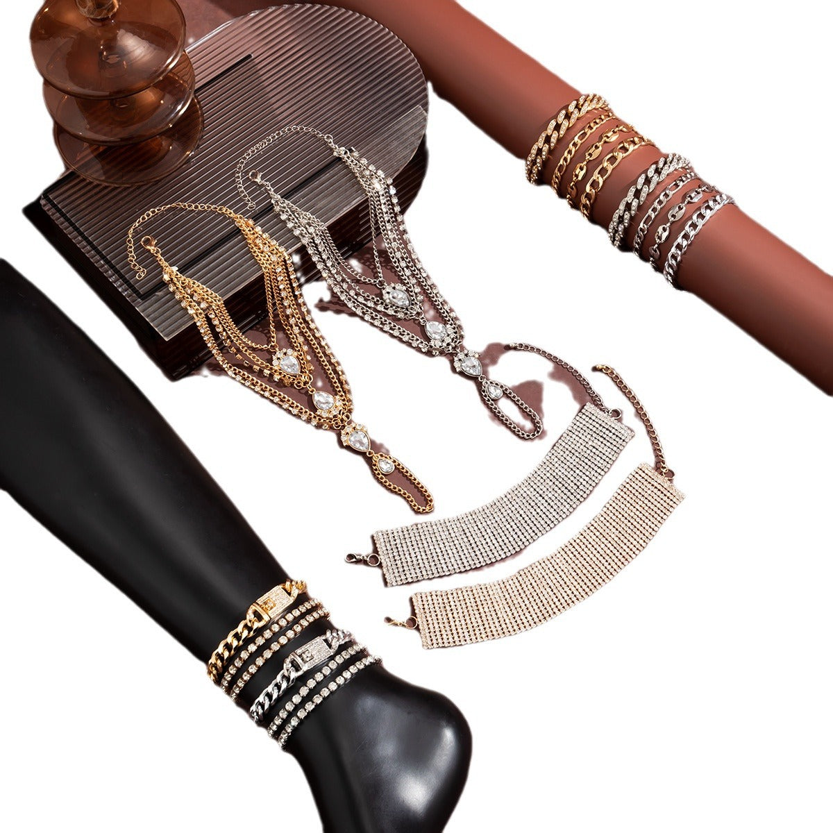 Bohemian Alloy Teardrop Rhinestone Anklet Set with Pearl Tassel