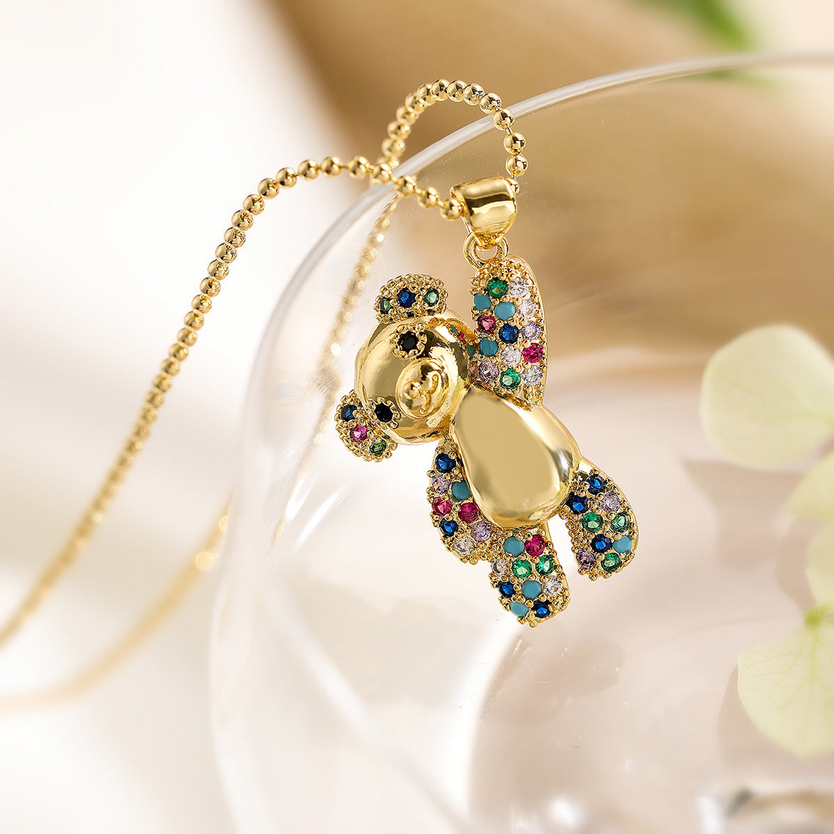 Minimalist Bear-Shaped Copper Pendant Necklace with Real Gold Plating and Zircon Accents for Women