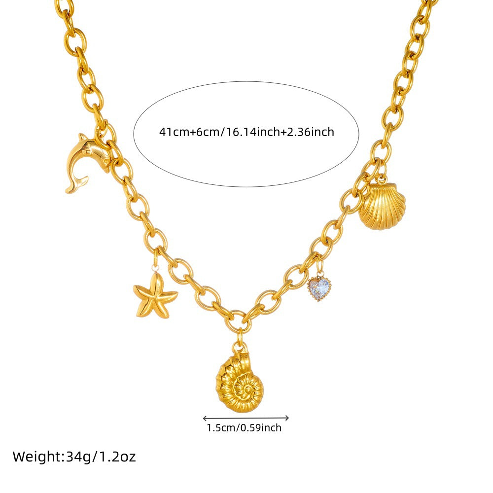 Fashion Ocean-Themed Starfish Shell Dolphin Conch Pendant Necklace in Stainless Steel with Plated Finish for Women