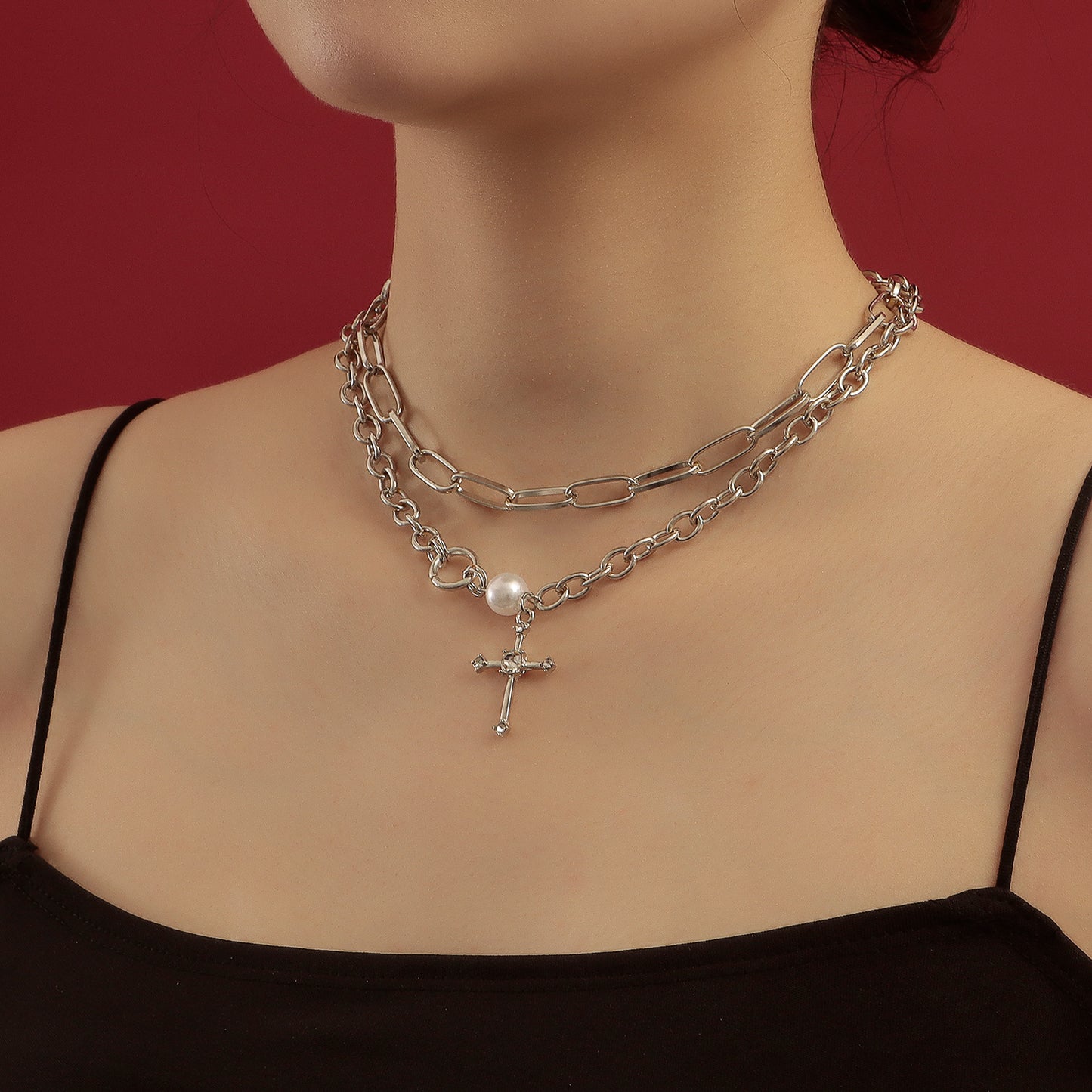 Minimalist Double-Layer Cross Pendant Necklace for Women with Rhinestone Inlay and Gold-Plated Alloy