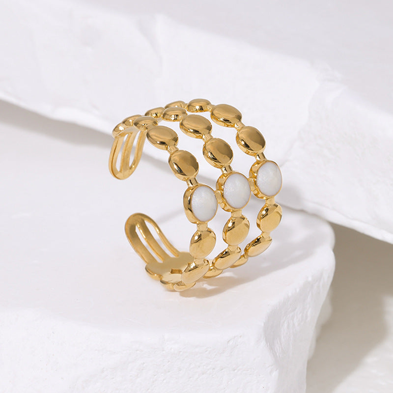 Vintage-Style Geometric Stainless Steel Ring with 18K Gold Plating and Enamel Finish — Minimalist Elegant Adjustable Fashion Ring for Women