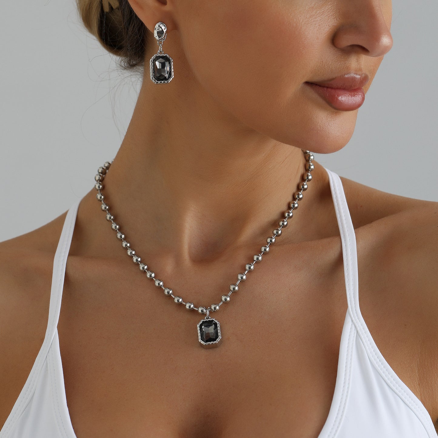 Gothic Minimalist Geometric Square Iron Plated Ball Chain Necklace Set with Alloy Pendant