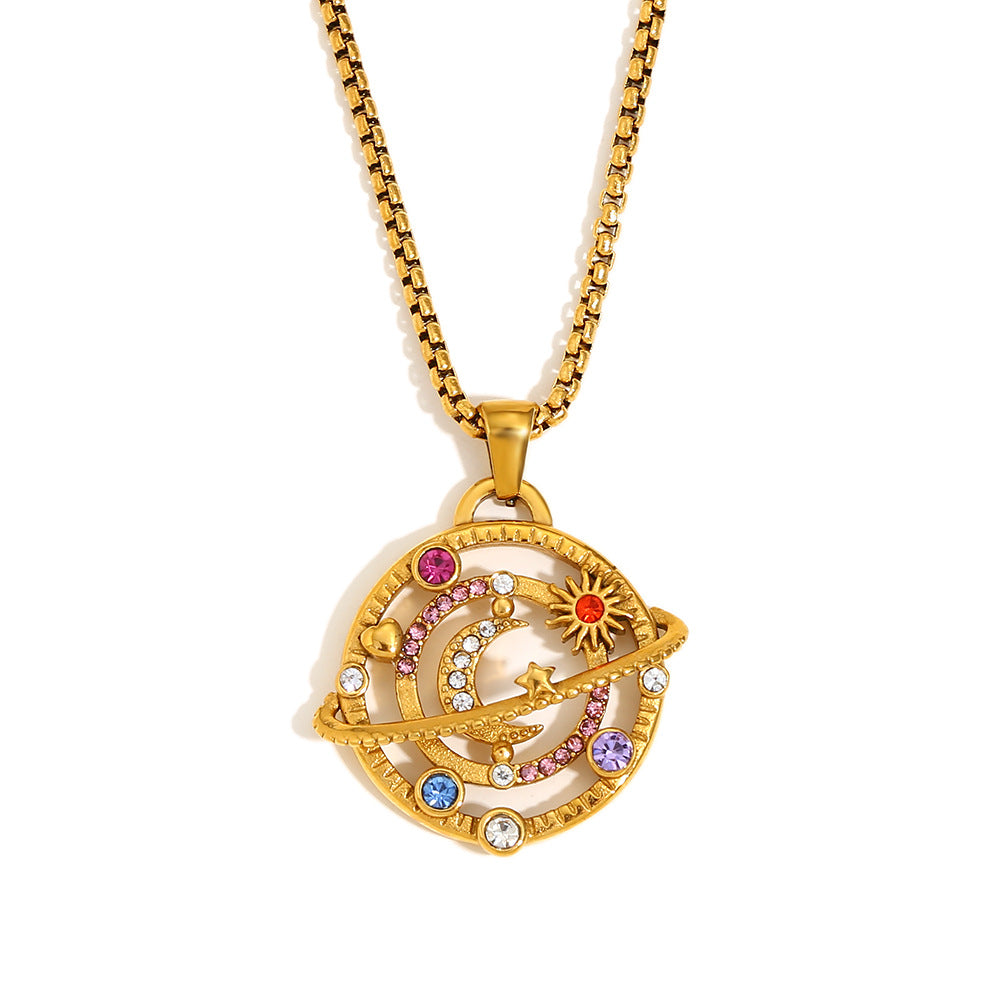 Minimalist Geometric Compass Pendant Necklace for Women in Stainless Steel with 18K Gold Plating and Colorful Rhinestones