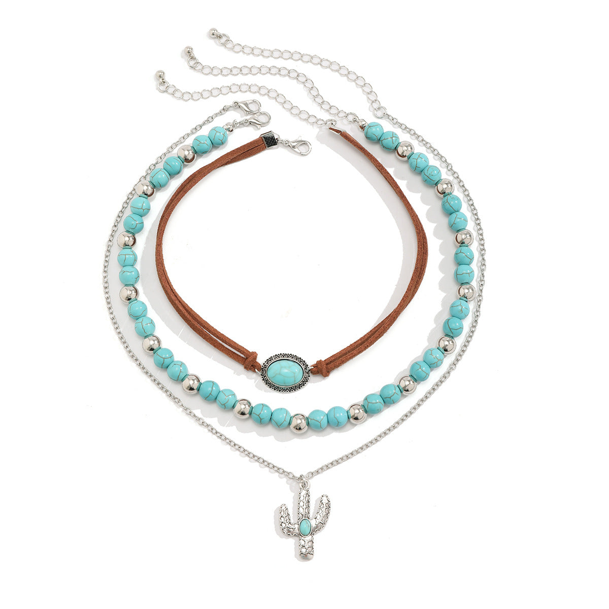 Vintage Bohemian Zinc Alloy Plated Cactus Leaf Pendant Ball Chain Necklace Set for Women
