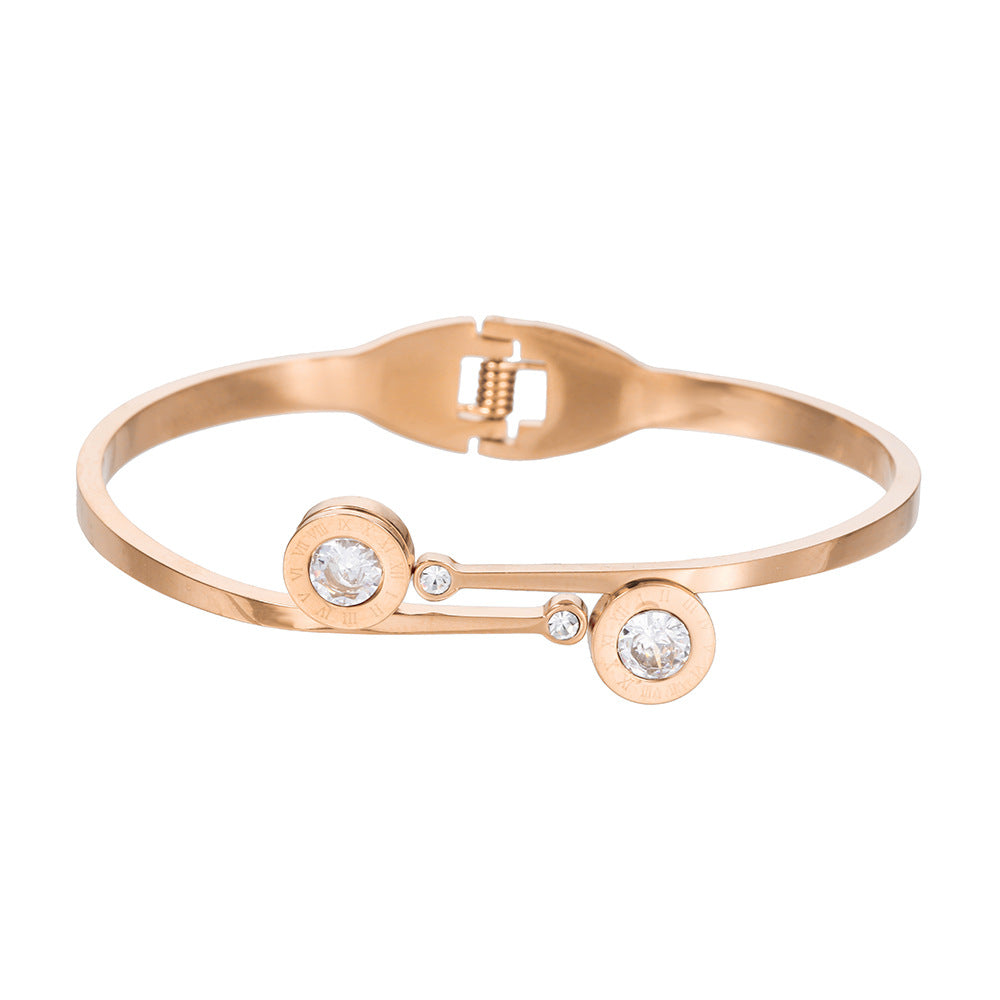 Geometric Round Rhinestone Inlaid Plated Titanium Steel Open Cuff Bracelet