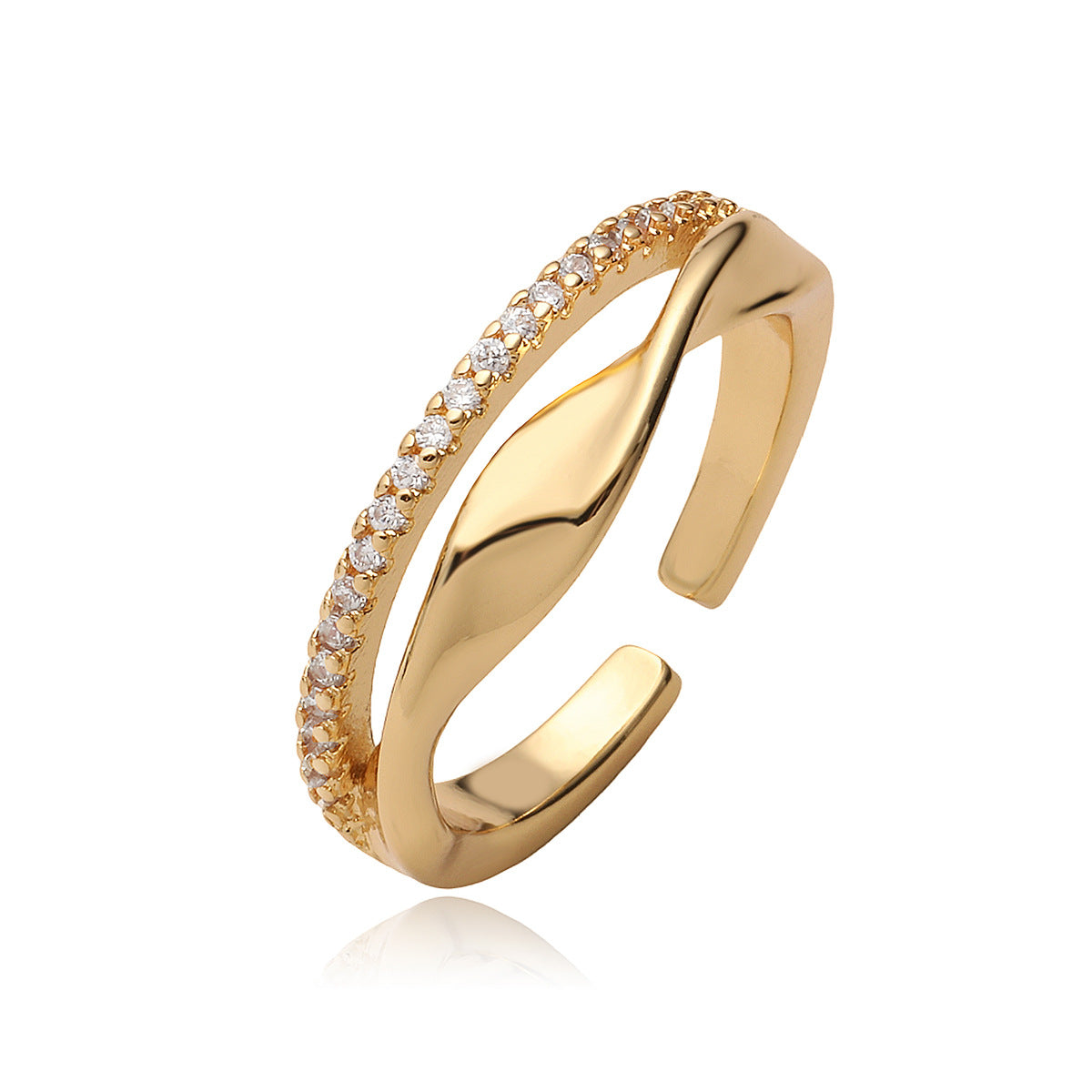 Minimalist Geometric Open Ring for Women in Brass with 18K Gold Plating and Zircon Inlay