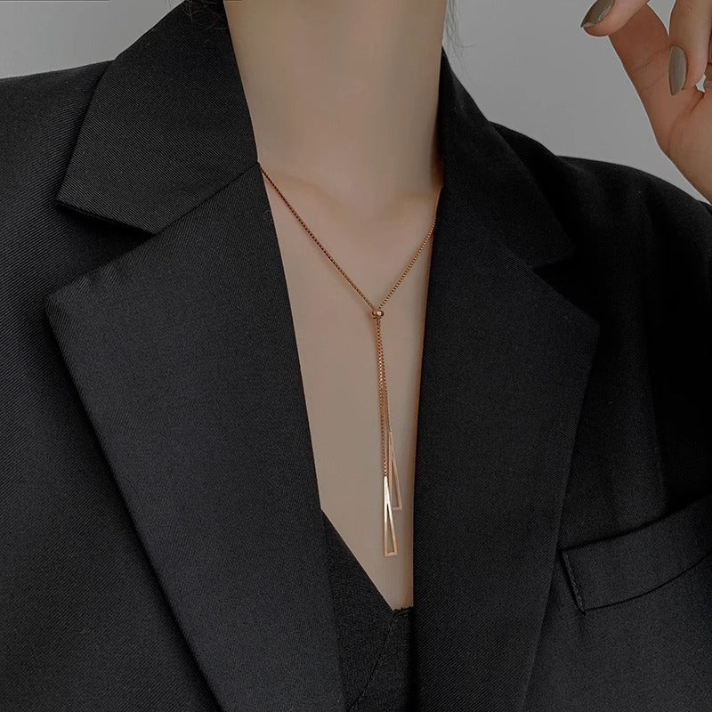 Geometric Triangle Pendant Titanium Steel Plated Long Sweater Chain with Tassel Detail for Women