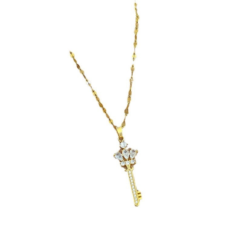 Luxury Titanium Steel Geometric Crown Key Pendant Necklace for Women Collar Chain