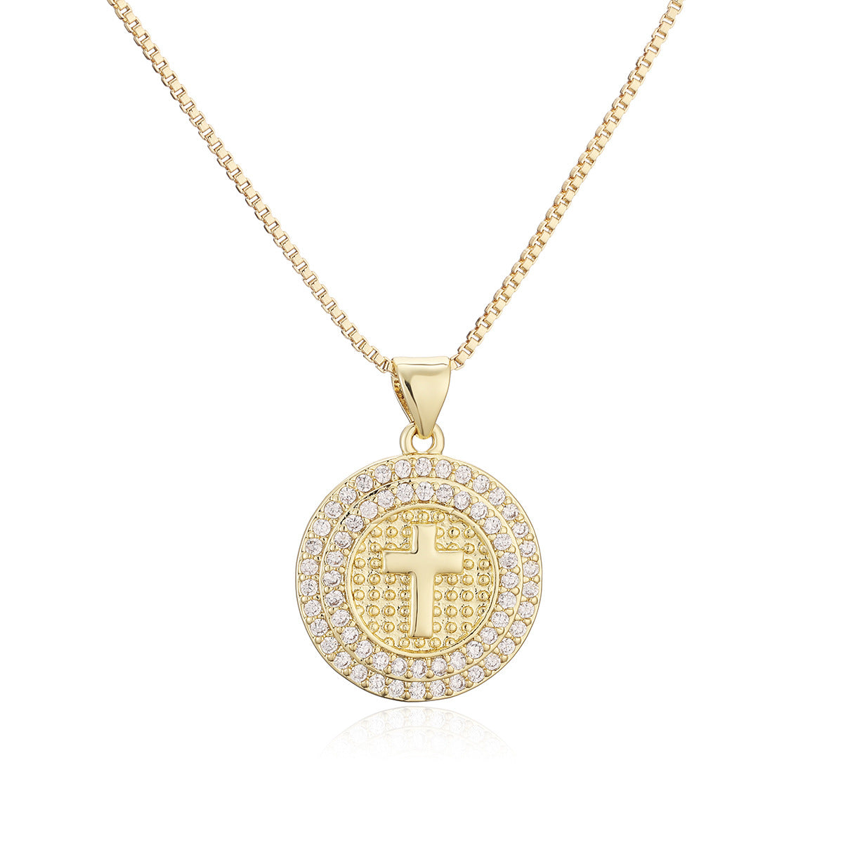 Minimalist 18K Gold Plated Brass Cross Heart Star Round Pendant Necklace with Cubic Zirconia