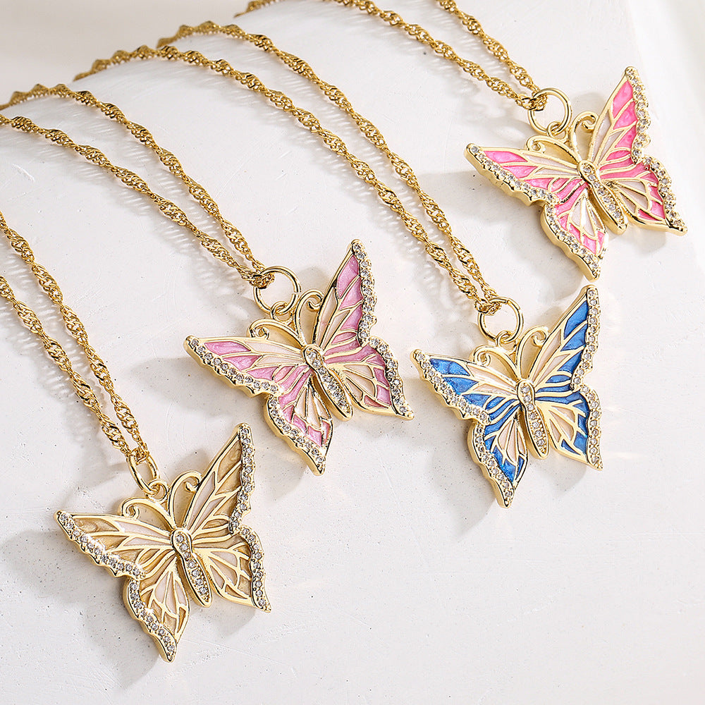 Minimalist Butterfly Pendant Necklace for Women in Copper with 18K Gold Plating and Enamel Finish Featuring Cubic Zirconia Accents
