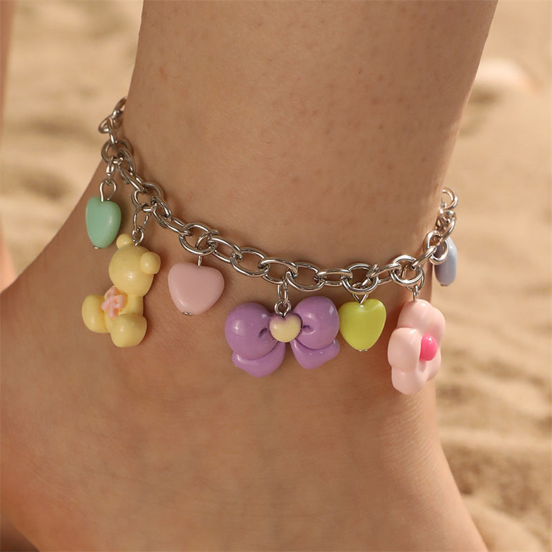 Tobillera de Resina con Diseño de Oso Estilo Bohemio y Lazo para Niñas, Accesorio de Playa de Verano