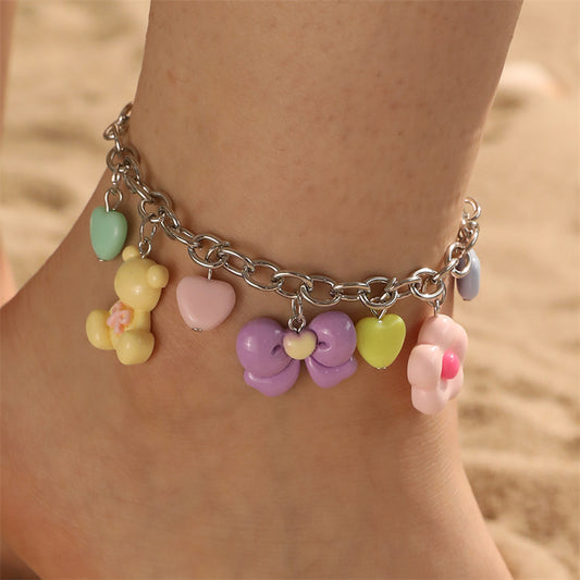Tobillera de Resina con Diseño de Oso Estilo Bohemio y Lazo para Niñas, Accesorio de Playa de Verano