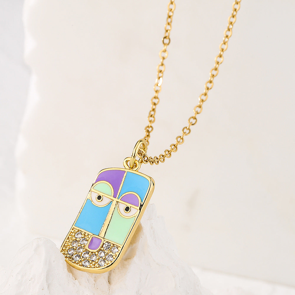 Collana con ciondolo in rame geometrico creativo placcato oro con intarsio di strass e design a ritratto smaltato per donna