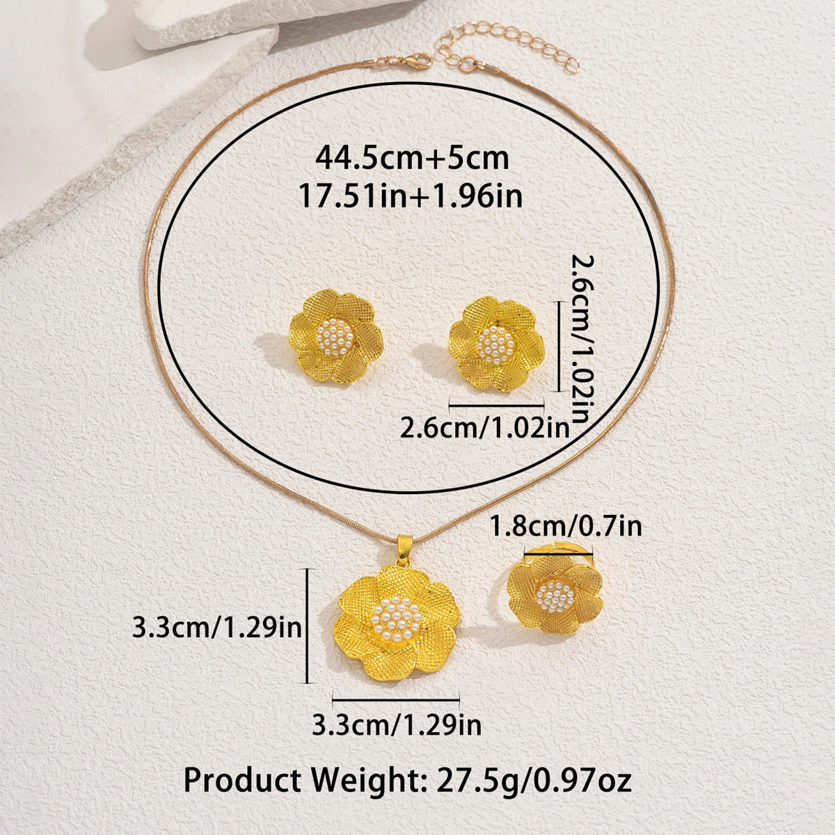 Set di collana, orecchini e anello in lega con motivi floreali geometrici da donna, con intarsi in perle e design a fascia aperta