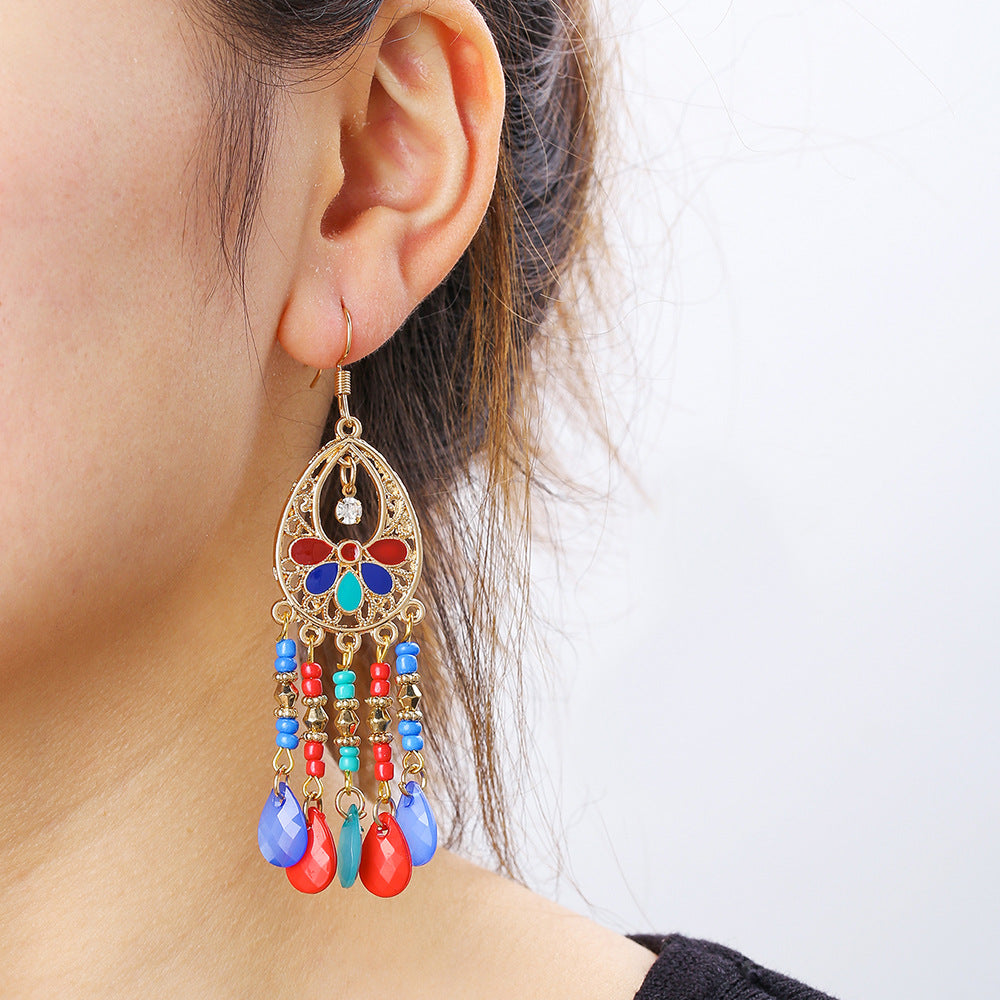 Vintage Bohemian Ethnic Geometric Round Alloy Plated Tassel Earrings for Women