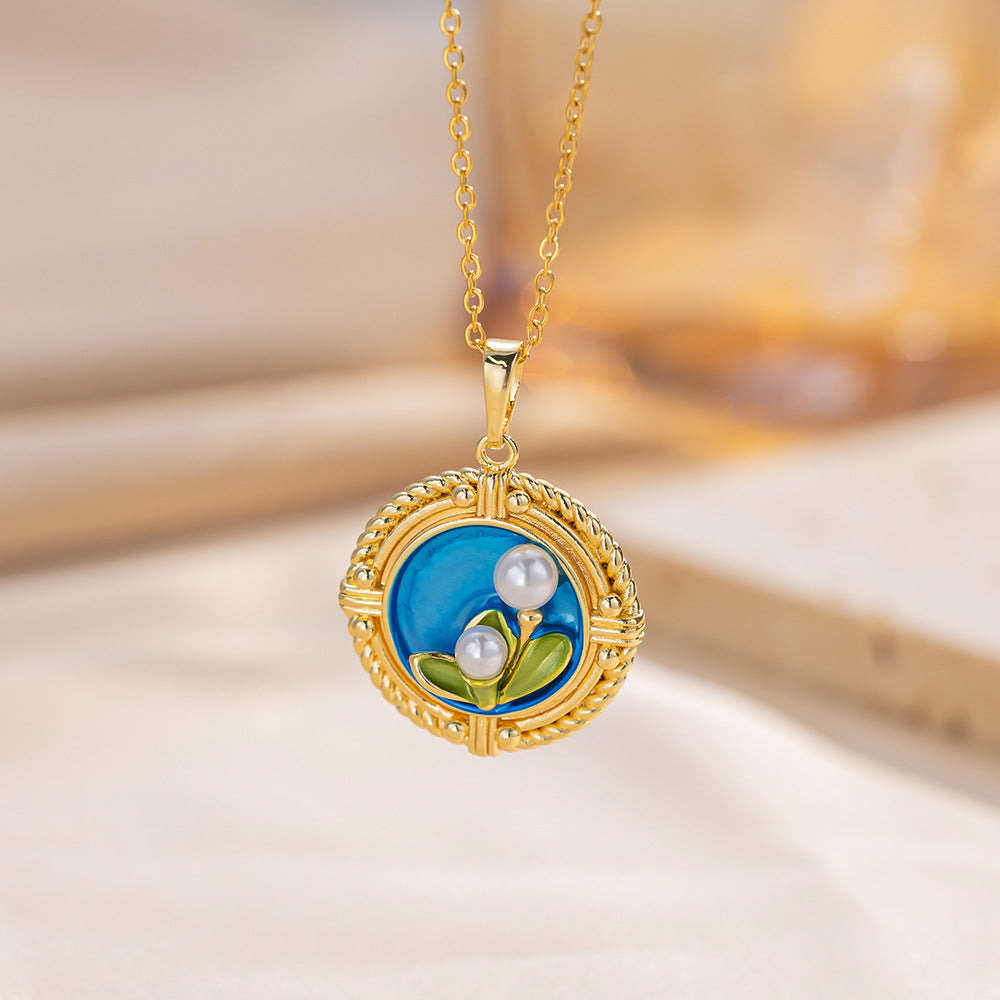 Elegant Floral Pendant Necklace for Women in Titanium Steel with Enamel Tulip Rose and Camellia Design on O-Chain