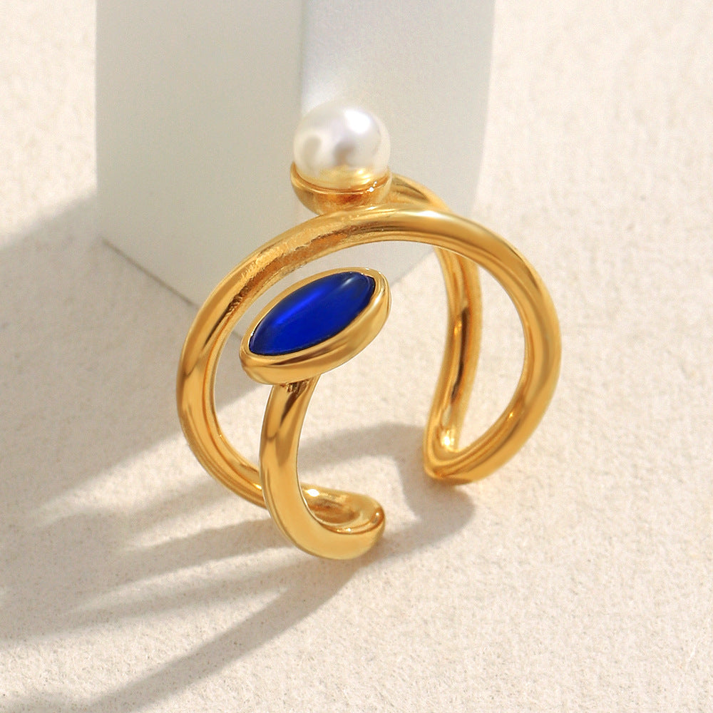 Anello Vintage di Lusso Asimmetrico Geometrico in Acciaio Inossidabile Placcato Oro 18K con Perla Sintetica e Accenti di Pietre Naturali