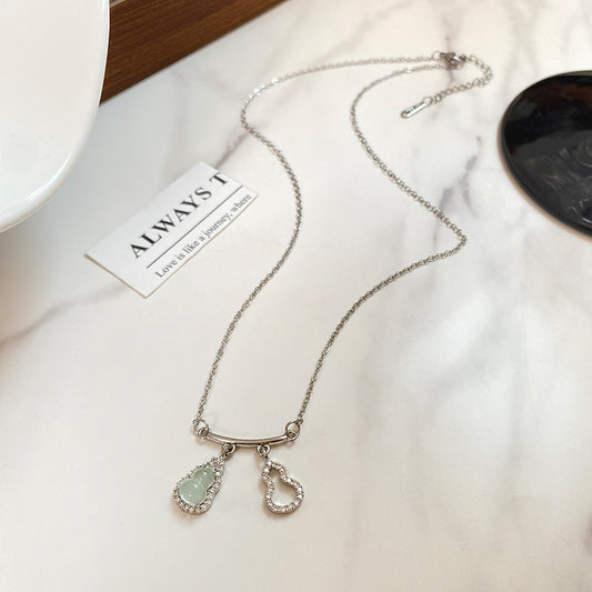 Vintage Chinese Style Titanium Steel Gourd Pendant Necklace with Green Jade Inlay Cable Chain for Unisex