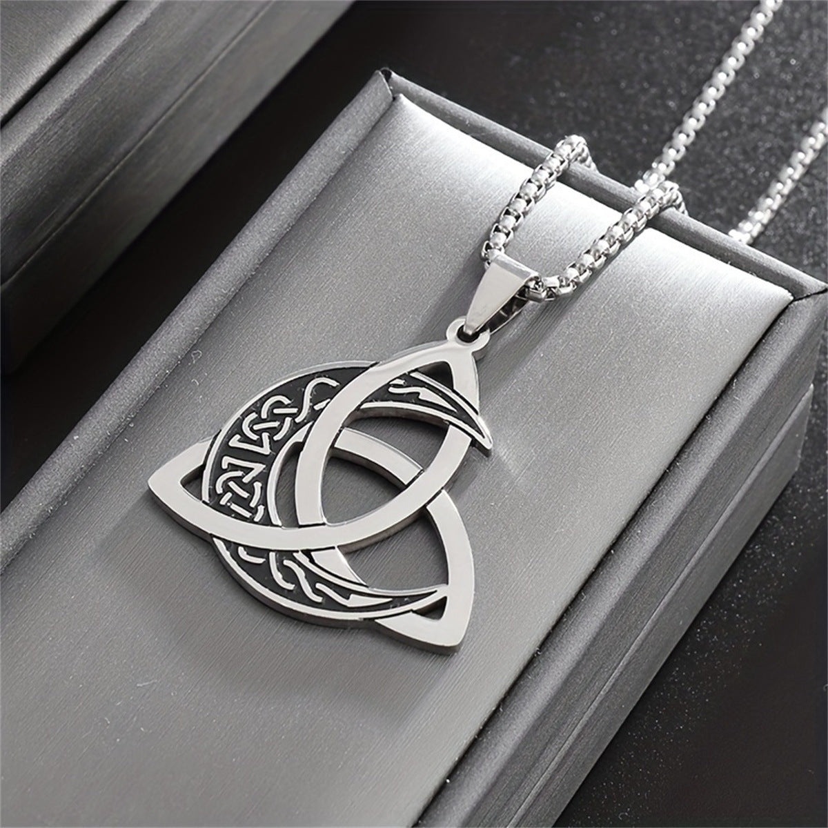 Vintage Viking Triangle Knot Moon Phase Pendant Necklace for Men and Women in Stainless Steel with Titanium Steel Charm and Electroplated Finish