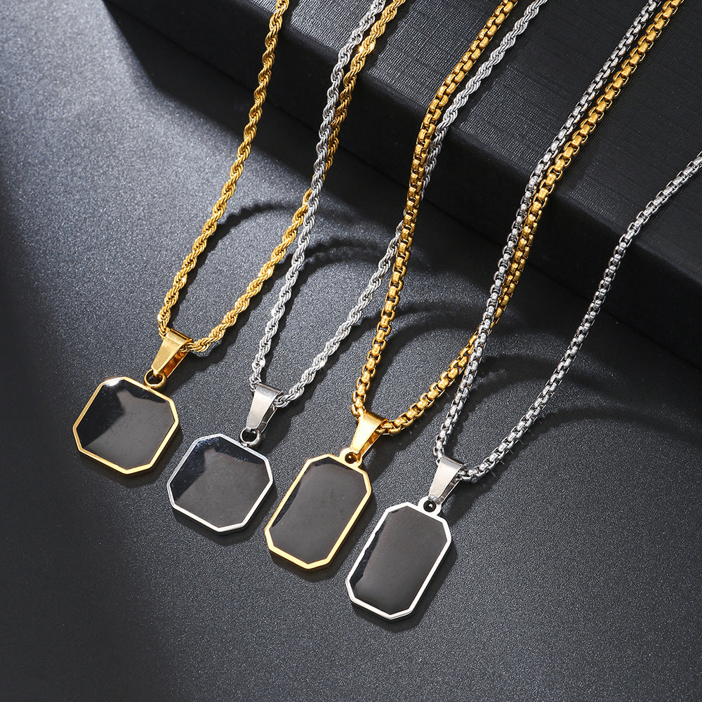 Hip-hop Black Square Drip Oil Stainless Steel Pendant Necklace with Curb Chain for Unisex