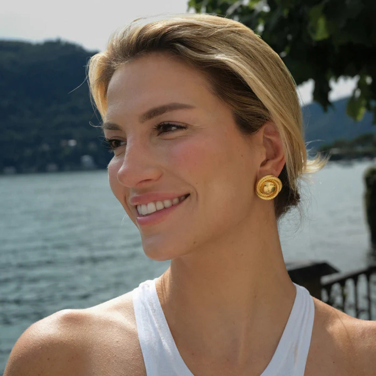 Minimalist 18K Gold Plated Stainless Steel Round Threaded Geometric Earrings for Women