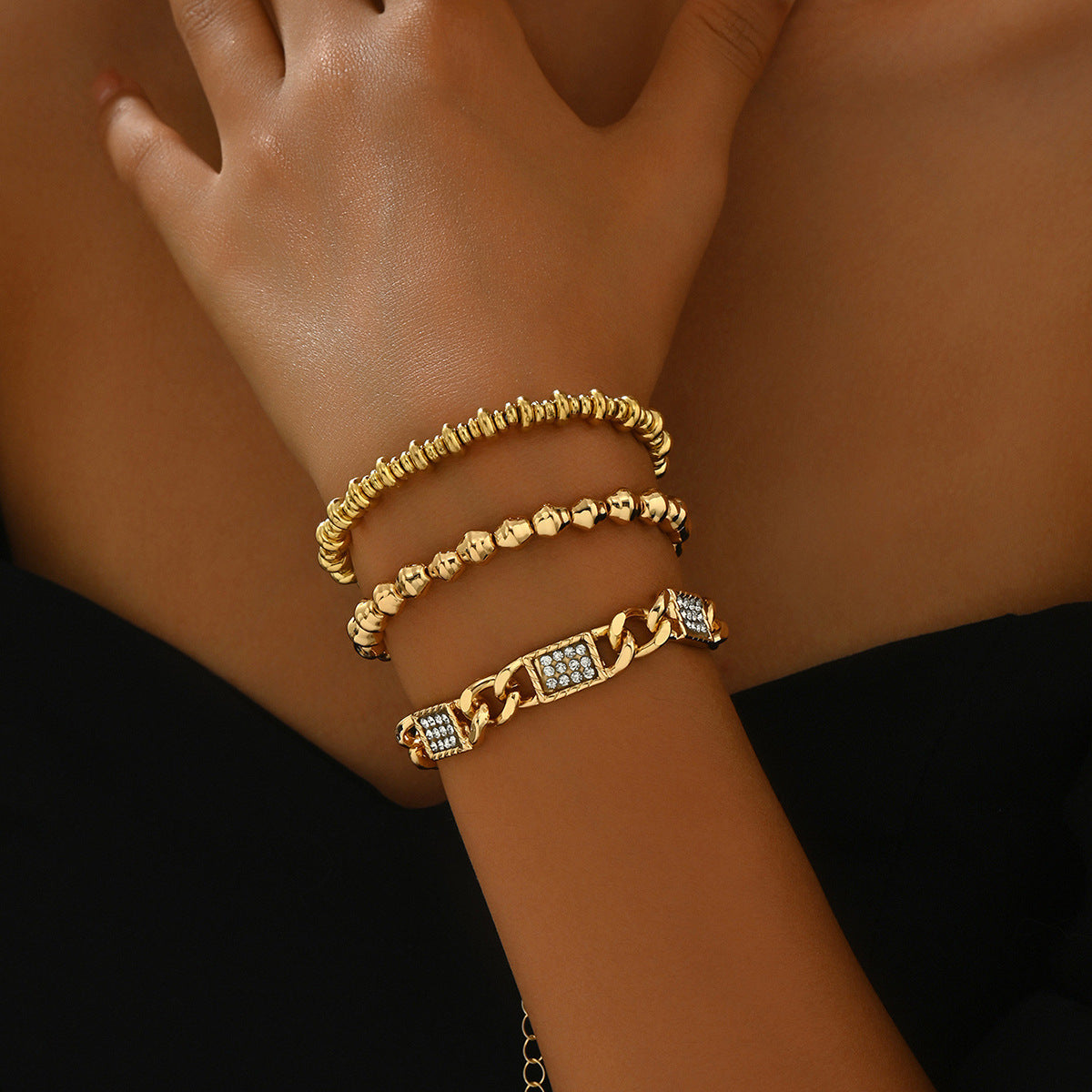 Fashion Geometric Women's Bracelet Set with Rhinestone Inlay and Plated Zinc Alloy Beads for Elegant Everyday Wear