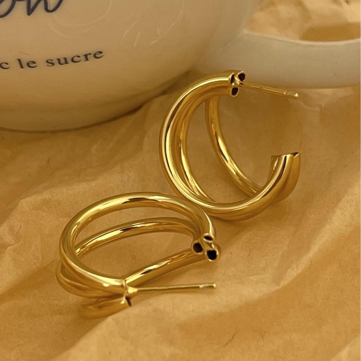 Elegant 925 Sterling Silver Geometric Multi-Layer Round Hoop Earrings with Pearl Inlay and Gold Plated Finish