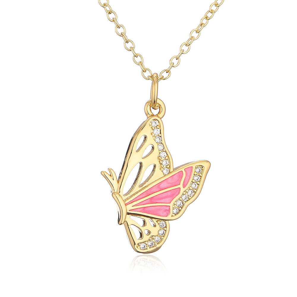Minimalist Butterfly Pendant Necklace for Women with Copper Base Plated in 18K Gold and Enamel Finish Featuring Cubic Zirconia Accents