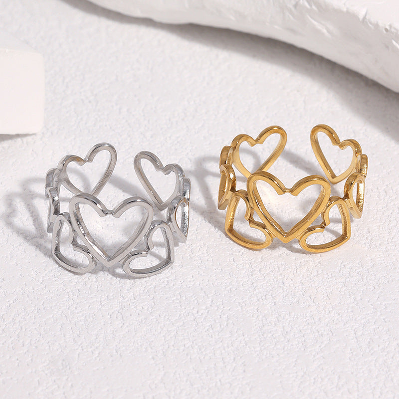 Sweet Minimalist Heart Hollow Plated Stainless Steel Ring for Women