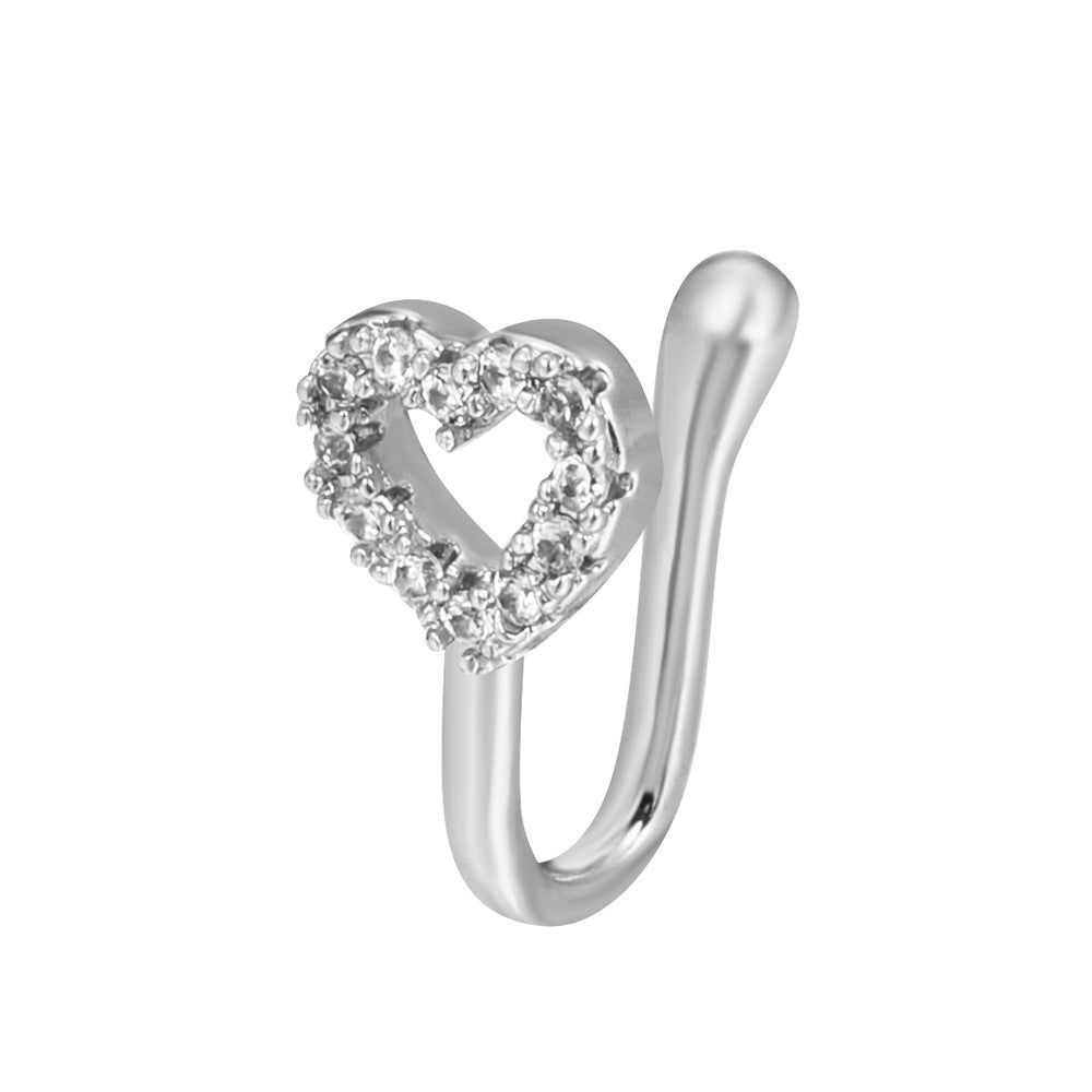 Clip per il naso a forma di U con stella e cuore placcata in rame vintage con zirconia cubica