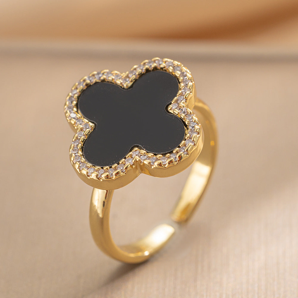 Luxury Minimalist Adjustable Open Ring for Women with Gold-Plated Copper Band and Zircon Stone Accent in Heart and Floral Shape
