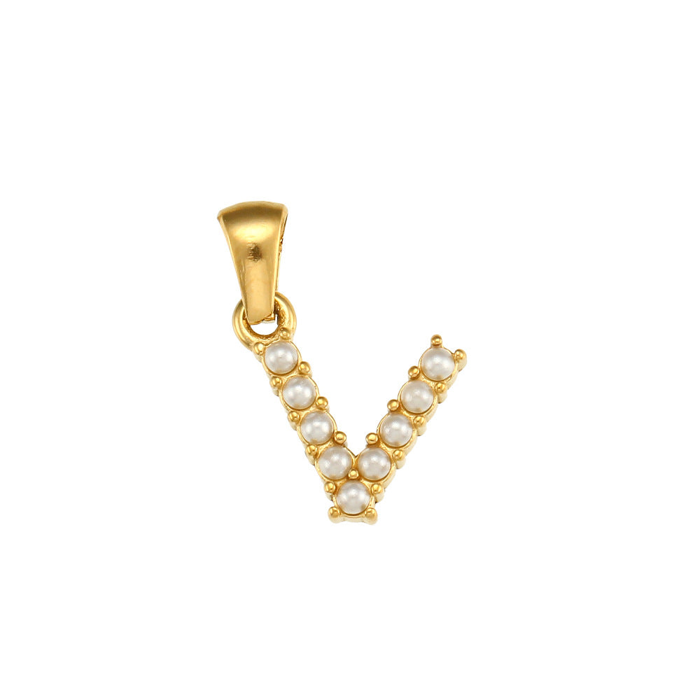 Minimalist Letter Pendant Necklace Stainless Steel with 18K Gold Plating Micro-Pave Zirconia and Pearl Accents
