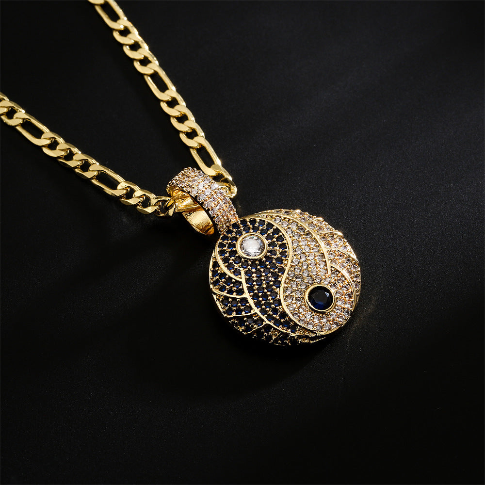 Minimalist Geometric Yin Yang Tai Chi Pendant Necklace in Brass with 18K Gold Plating and Zircon Inlay