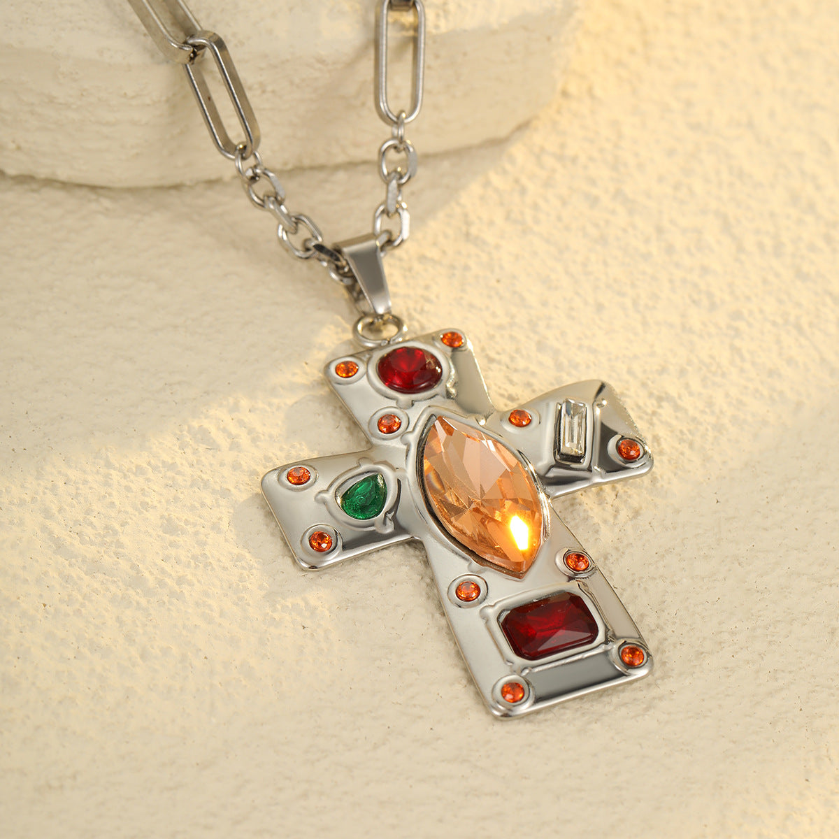 Fashionable Cross Pendant Necklace in Titanium Steel with Rhinestone Accents, Plated Finish, Geometric Design, Lightweight Luxury Women's Jewelry