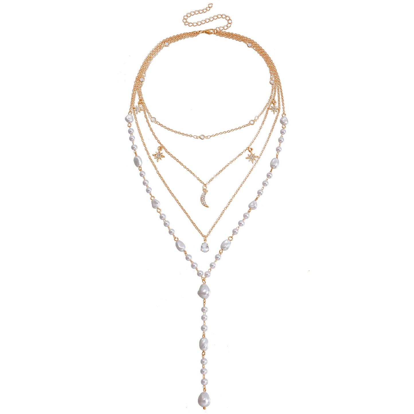 Collana di Perle a Strati Multipli d'Ispirazione Barocca Minimalista da Donna con Pendente Geometrico, Lega Elettroplaccata, Accenti di Luna e Stella