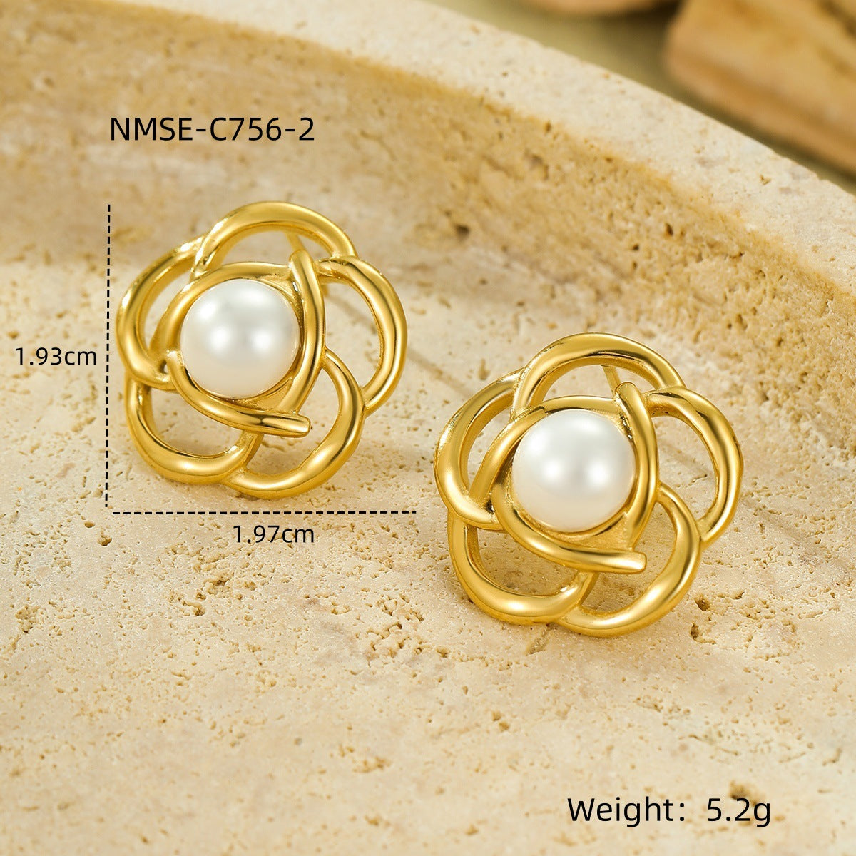 Vintage Style Hollow Flower-Shaped Stainless Steel Earrings with Freshwater Pearl Inlay and 18K Gold Plating