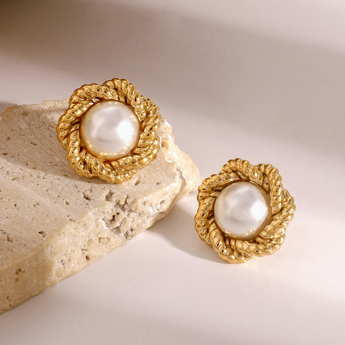 Elegant Floral Design Stainless Steel Earrings with 18K Gold Plating and Pearl Accents for Women