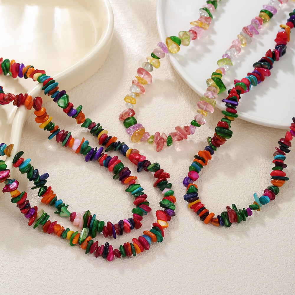 Bohemian Geometric Natural Crystal Chip Necklace Plated Stainless Steel Cable Chain for Women