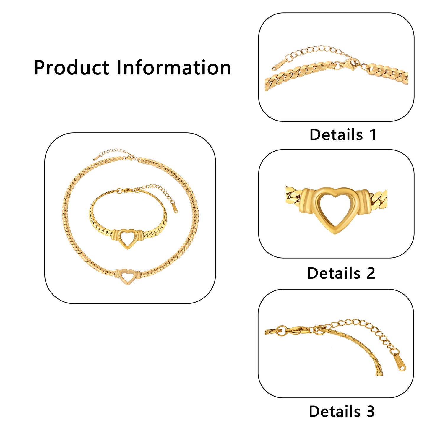 Set collana e bracciale a catena a maglie forate a cuore, minimalistici ed eleganti, in acciaio inossidabile e titanio, placcati, per donna