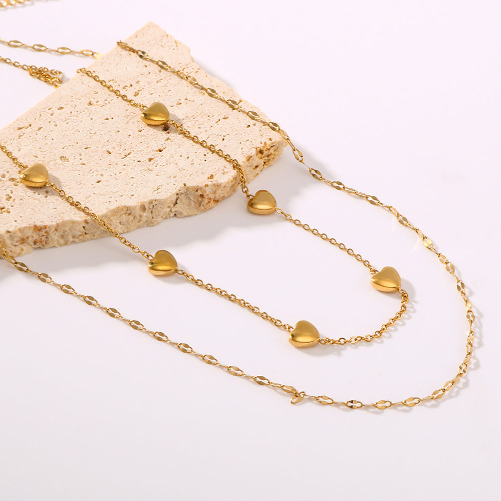 Minimalist Heart-Shaped Titanium Steel Pendant Necklace with Gold-Plated Stainless Steel Double Layer O-Chain for Women