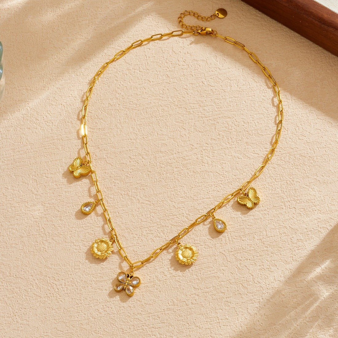 Gold Plated Stainless Steel Butterfly Sunflower Teardrop Pendant Necklace with Rhinestone Inlay and Curb Chain for Women