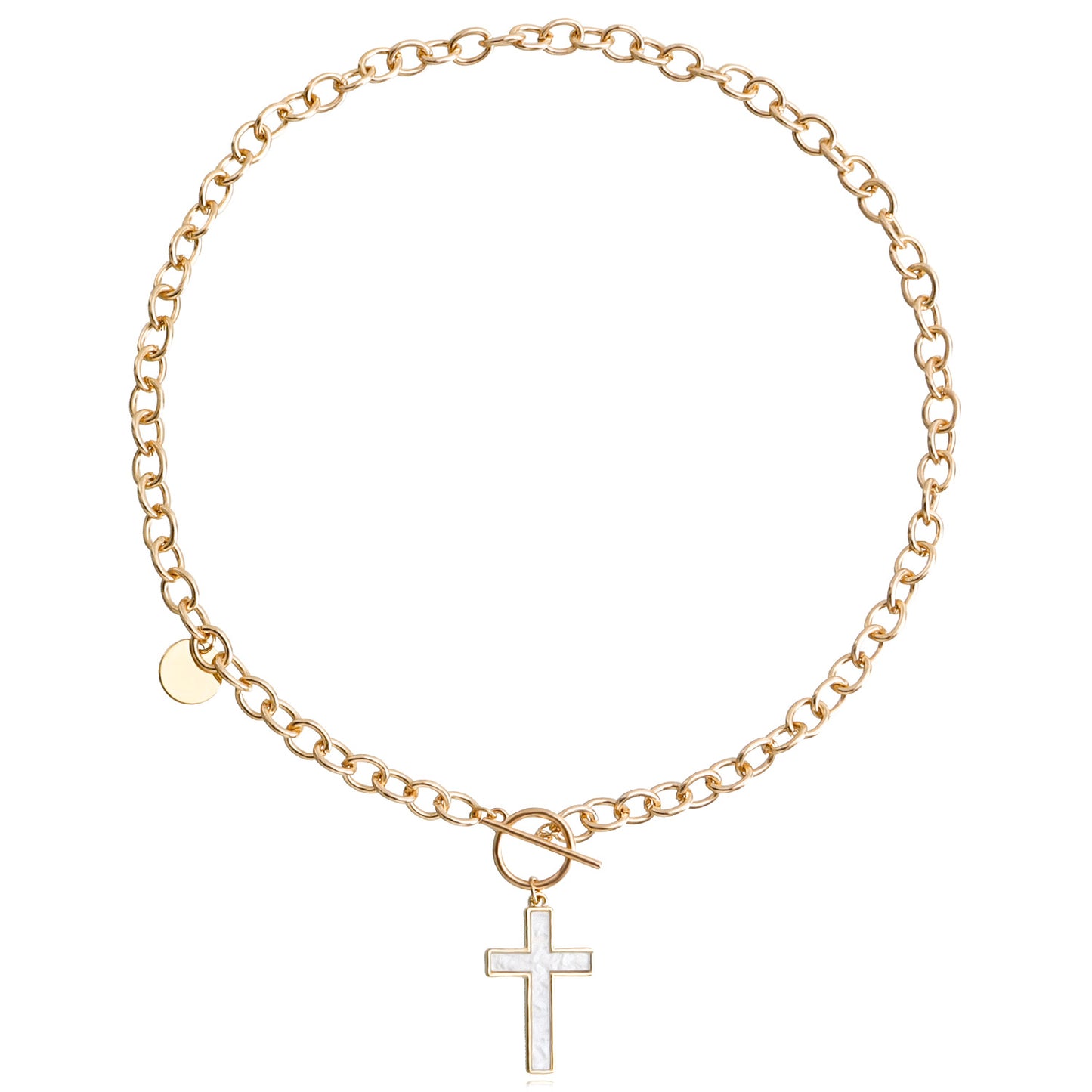 Punk Style Cross Pendant Necklace for Women with Alloy Chain and Mother-of-Pearl Inlay, Geometric Design, Plated Finish, Adjustable Length