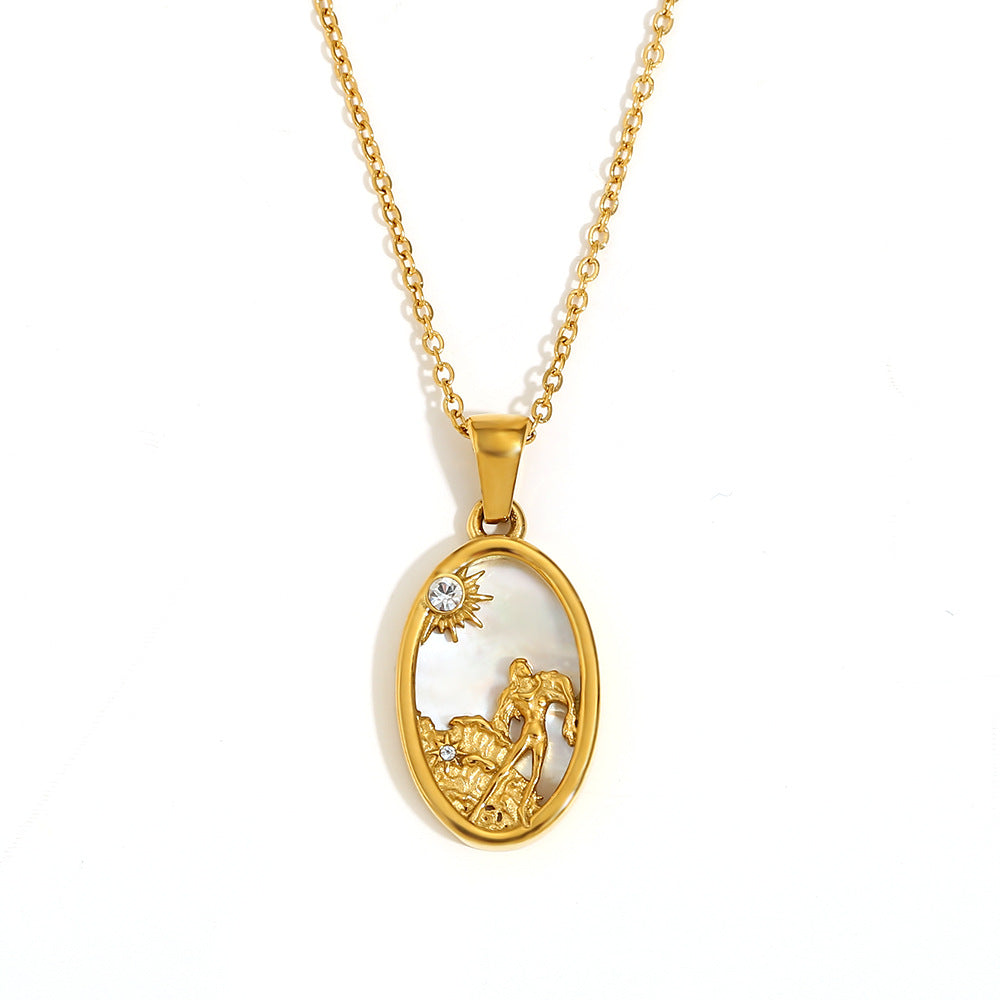 Geometric Zodiac Pendant Necklace for Women Stainless Steel with 18K Gold Plating and Rhinestone Accents