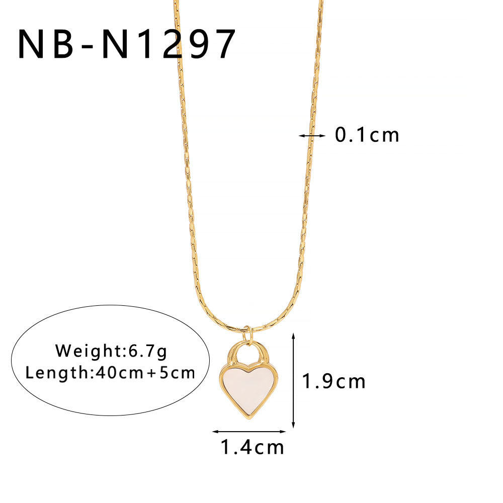 Minimalist Geometric Double-Sided Heart Pendant Necklace in Stainless Steel with Pearl and Abalone Inlay, Vacuum-Plated 18K Gold Finish