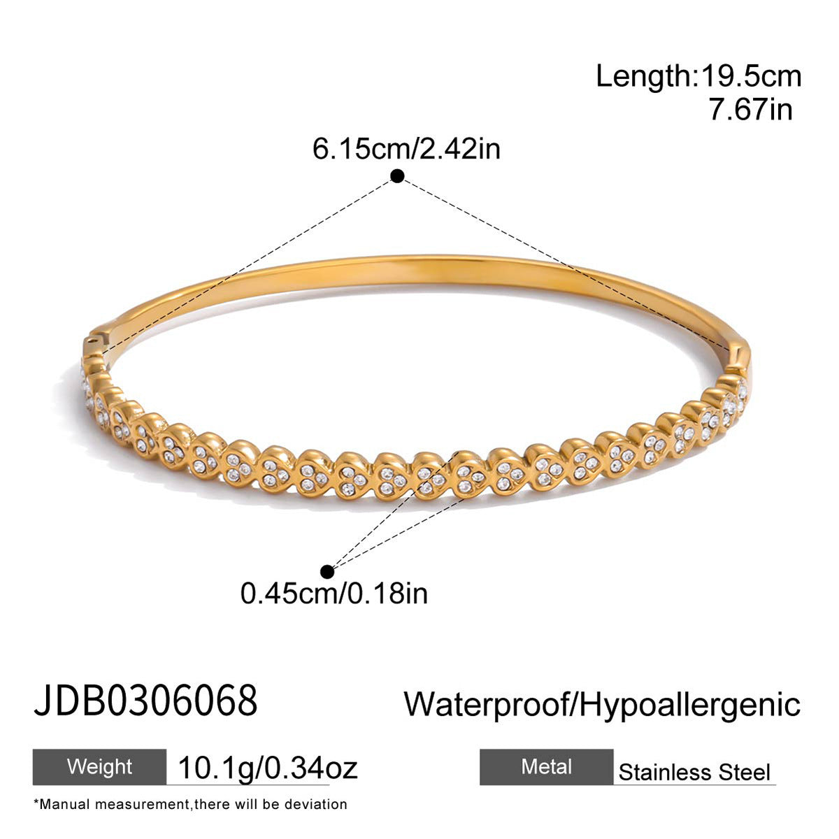 Pulsera de puño de acero de titanio en forma de corazón a la moda para mujer con incrustaciones de diamantes de imitación y acabado chapado